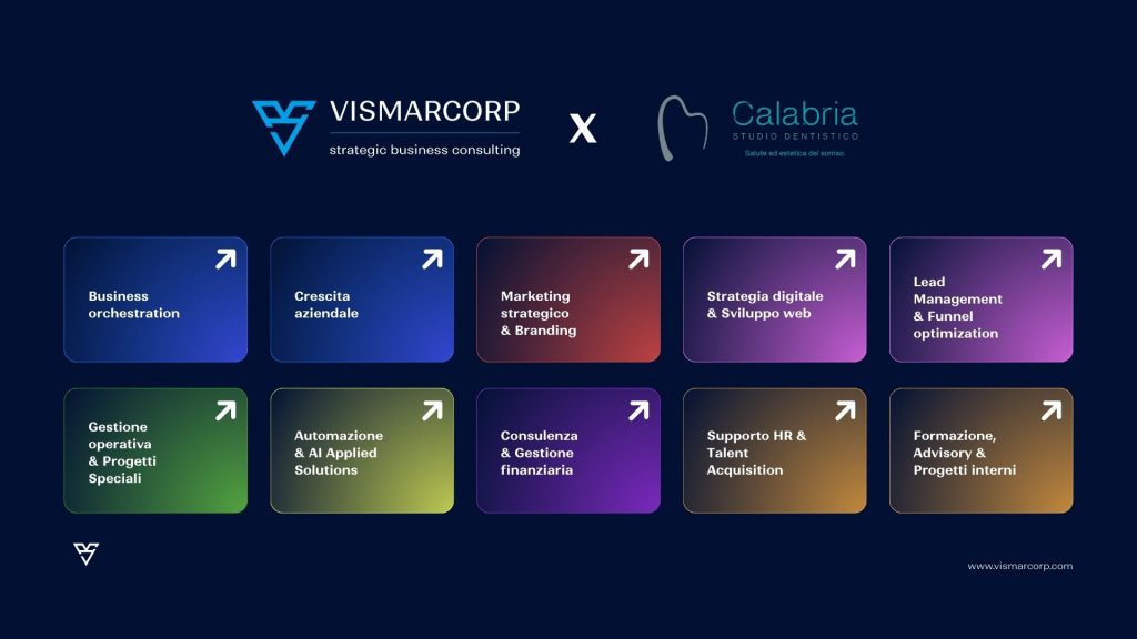 vismarcorp x studio calabria sito web con i loghi delle aziende e con la panoramica dei servizi che offre vismarcorp